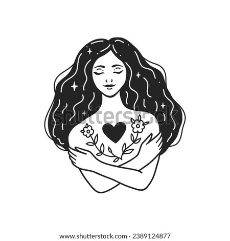 Self care, love yourself health mindful. Feminine vector Illustrations. The woman hugs her shoulders. Card, valentines card. Doodle style Royalty-Free Stock Photo #2389124877