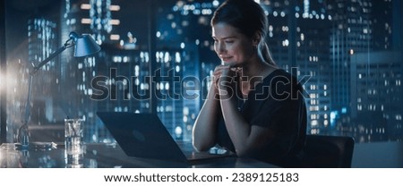 Office Video Call Conference Meeting: Portrait of Successful Young Businesswoman Using Computer to Talk with Investors, Partners, Customers Late At Night. Corporate Business Concept. Royalty-Free Stock Photo #2389125183