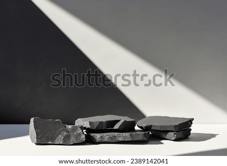 black Marble pedestal Stand Stone for product podium. Standing Base platform product mockup. Dark Stones and rocks Textures Nature Shadow on Wall Material Royalty-Free Stock Photo #2389142041