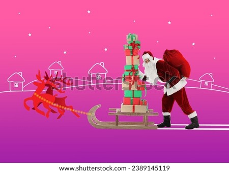 Winter holidays bright artwork. Santa Claus with reindeers delivering gifts on color background, creative collage