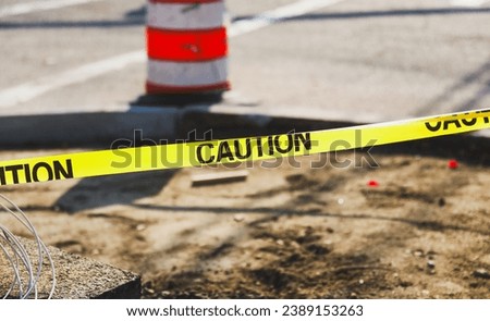 Bright caution yellow line sign marking safety zone, symbolic warning for potential hazards, isolated on white