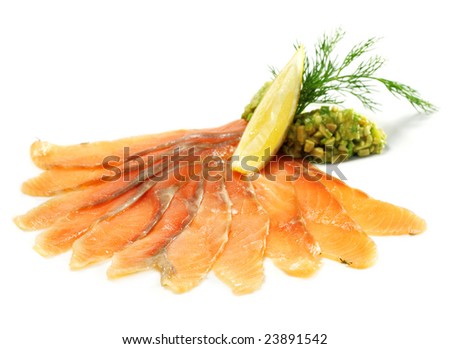 Soft Salt Salmon with Avocado Frappe and Lemon Slice. Isolated on White Background