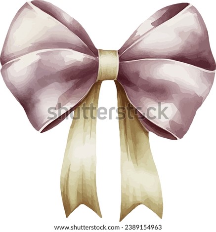 Satin purple bow with yellow ribbon, watercolor vector illustration and christmas element. Template for gift decoration, greeting cards, invitation, wedding card, save the date, celebration.