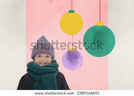 Retro creative artwork template collage of smiling charming boy enjoying xmas time isolated painting background