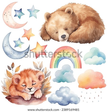 Watercolor sleeping bear baby lion set. Vector clip art image with hand drawn nursery elements, wall stickers.