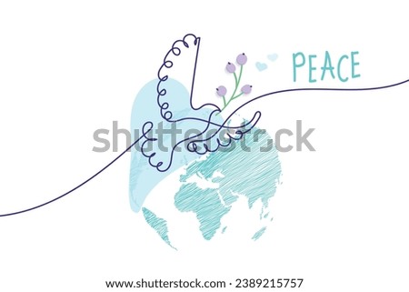 International Day of Peace. Bird, globe, flowers, heart continuous drawing. Concept of love, peace and kindness. Text. Vector web banner, illustration, poster, postcard for social media, networking.