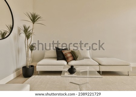 a living room with a couch, coffee table and two planters on the floor in front of the sofa Royalty-Free Stock Photo #2389221729