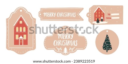 Christmas gift labels and tags hand drawn on kraft paper. Red houses, pine tree, hand lettering text merry christmas isolated on white background
