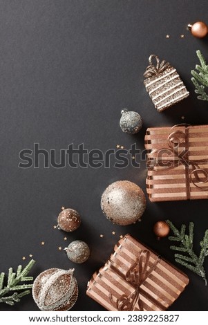 Chic Christmas composition with elegant black background adorned with festive elements - bronze gift box, glittering baubles, and confetti. Modern holiday poster or postcard template