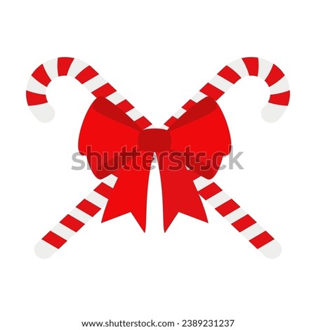 Christmas candy cane with red bow. Design element for door wreath decoration. Holiday icon for greeting cards. Flat vector stick illustration isolated on white.