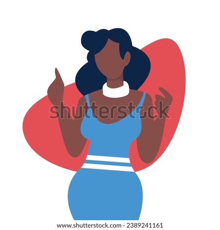 Character design illustration, flat character vector,  woman in a blue dress standing in front of a red background