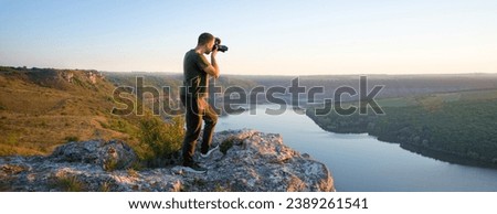 Rural young woman arm win up joy rest relax life hope light ray top text space. Glad cheer male boy guy stand hand dslr climb calm peace sea ocean fog camp high stone ridge cliff peak field tree scene