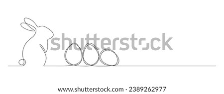 One continuous line drawing of Easter eggs and rabbit. Greeting banner design with bunny and ears in simple linear style. Editable stroke. Doodle vector illustration