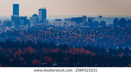 Seattle Washington USA November 9th 2023: Aerial view Seattle skyline blue hour overcast fall foliage  