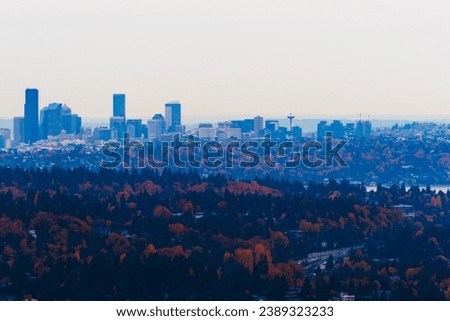 Seattle Washington USA November 9th 2023: Aerial view Seattle skyline blue hour overcast fall foliage  