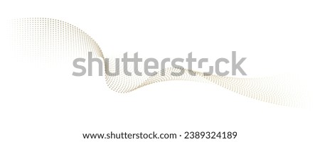 Flowing dot particles wave pattern halftone gold gradient smooth curve shape isolated on white background. Vector in concept of luxury, technology, science, music, modern. Royalty-Free Stock Photo #2389324189