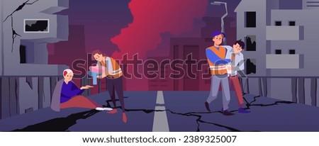 Volunteers help injured people after catastrophe, natural disaster, war or earthquake. Social volunteering flat vector illustration, support for homeless sufferer. Ruined road and building in darkness Royalty-Free Stock Photo #2389325007