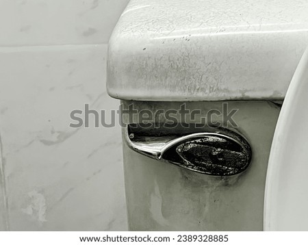 a white toilet with a silver handle on a white wall.