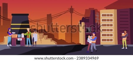 Volunteers help injured people after catastrophe natural disaster, war or earthquake. Support for homeless sufferer with food and care in crisis area flat vector illustration. Destroyed infrastructure Royalty-Free Stock Photo #2389334969