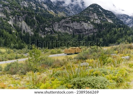 Alpine landscape in the Swiss Alps with hay bales in the background at mountain pass Grimsel on a cloudy autumn day. Photo taken September 19th, Grimsel, Canton Bern, Switzerland.