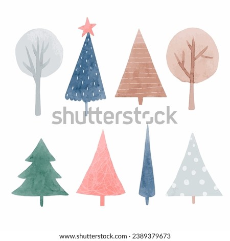 Beautiful set with cute abstract watercolor forest trees. Stock illustration. Vector