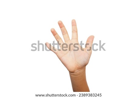 Boy's hands making gestures on white background.