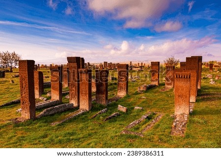 The history of Ahlat Selcuk Cemetery dates back 1000 years. November, 2023. Bitlis, Turkey. Royalty-Free Stock Photo #2389386311