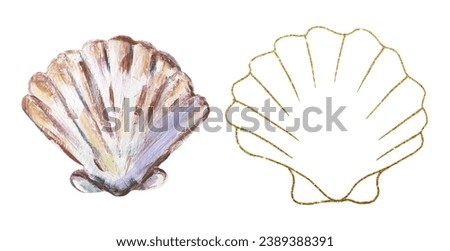 Acrylic hand painted sea shells  illustration, golden graphic liner shell clipart, ocean life clip art