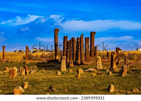 The Kadis Section of the cemetery is the most significant part, where Kadis have the authority to settle legal disputes and enforce Islamic laws. Ahlat, Bitlis, Turkey. Royalty-Free Stock Photo #2389399031