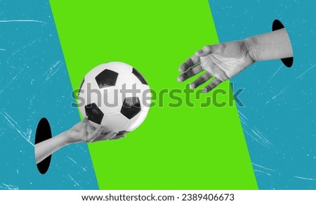 Contemporary artistic collage depicting a hand with a soccer ball. Concept of sports and physical cardio activities.
