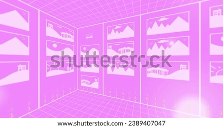 Image of multiple digital picture on rotating 3d model of room on pink background. Digitally generated, hologram, illustration, images, three dimensional and architecture concept.
