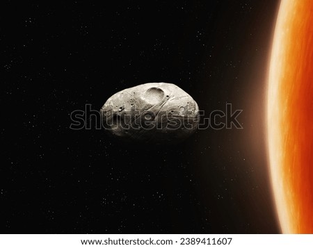Phobos is a satellite of Mars. Red planet moon in space isolated. Large asteroid, planetary satellite. Royalty-Free Stock Photo #2389411607