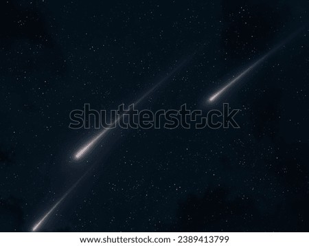 Meteor trails in the sky, beautiful star rain. Shooting stars. Three bright meteorites burn up in the atmosphere.