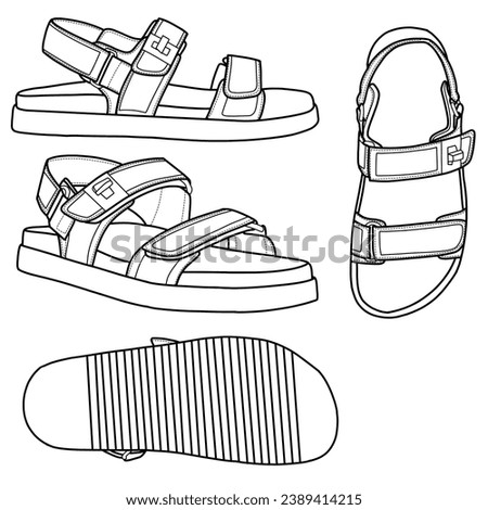 Fashionable woman street strap sandals. Stylish elegant flat sole open toe footwear. Vector illustration, isolated on a white background. Royalty-Free Stock Photo #2389414215