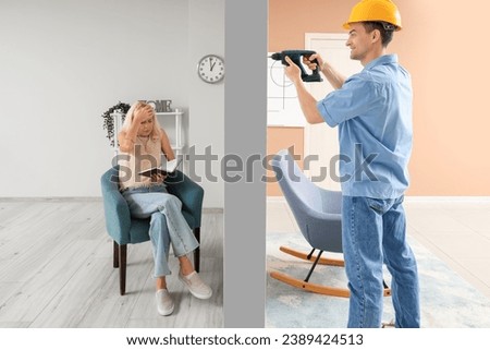 Mature woman suffering from loud neighbour with drill at home Royalty-Free Stock Photo #2389424513