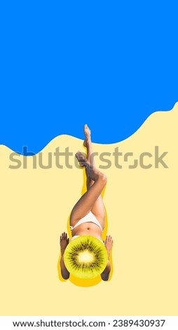 Slim young woman with kiwi head lying on beach near sea, ocean and sunbathing. Relaxation. Contemporary art collage. Concept of creativity, summer vibe, travel, surrealism, abstract art