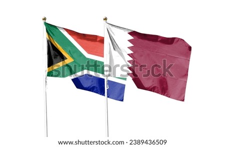 South African flag and Qatar flag on cloudy sky. fly in the sky