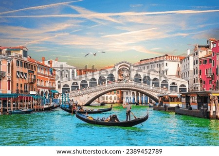 Sunset in the Grand Canal near the Rialto bridge, Venice, Italy Royalty-Free Stock Photo #2389452789