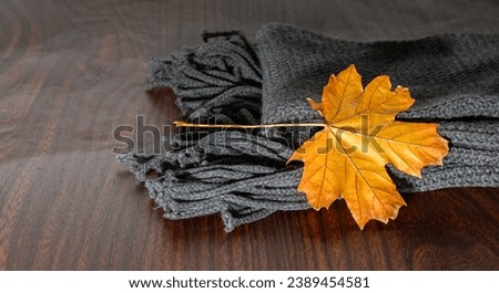 Gray scarf and yellow maple leaf on the table