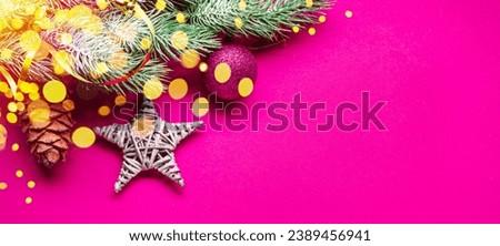 Christmas tree decoration arranged as a border frame. Christmas or New Year holiday background.