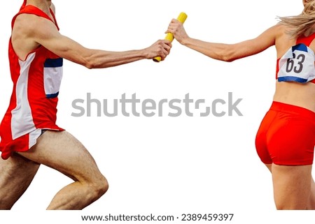 mixed track and field team running relay race 4 × 400 metres in summer athletics, isolated on white background Royalty-Free Stock Photo #2389459397
