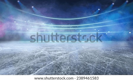 Blue ice and cracks on the surface of the ice. Frozen lake with ice hockey goal.