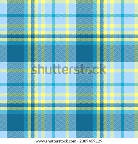 Seamless textile texture of fabric plaid background with a vector check pattern tartan in cyan and yellow colors.