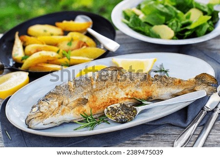 Roasted traditional river trout with salad, potatoes and (garlic, parsley) sauce, outside in the garden  Royalty-Free Stock Photo #2389475039