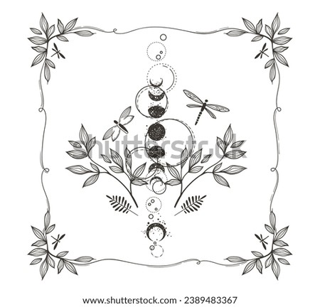 Mystical celestial moth, leaves, moon phases with floral frame, magic entomology clip art in black color silhouette, lunar insect with stars line art in vector, unreal hand drawn butterfly
