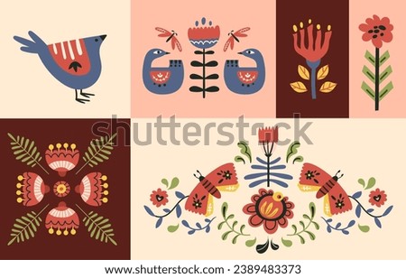 Folk bird, flower, butterfly clip arts and pre-made compositions, vector set in Scandinavian or Nordic style, hygge naive illustrations kit. Collection of classic ethnic natural motifs