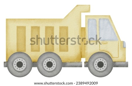 Dump Truck Watercolor illustration. Hand drawn clip art of baby toy yellow Lorry on isolated background. Drawing of tipper car for a boys game. Sketch of a waggon machine for construction.