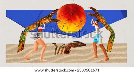 Young man and woman speeding time on beach, paying volleyball over abstract background with crabs. Contemporary art collage. Concept of summer, vacation, travel and tourism, surrealism, inspiration