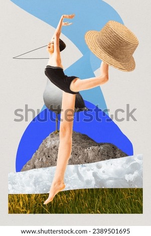 Young pretty woman in swimsuit standing like seagull against abstract background. Freedom. Contemporary art collage. Concept of summer, vacation, travel and tourism, surrealism, inspiration