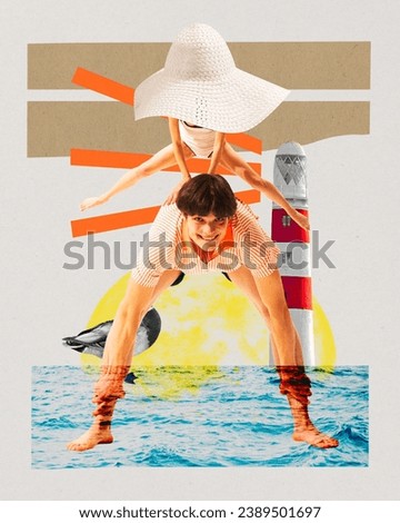 Happy cheerful young people, man and woman playing and having fun on beach over abstract background. Contemporary art collage. Concept of summer, vacation, travel and tourism, surrealism, inspiration